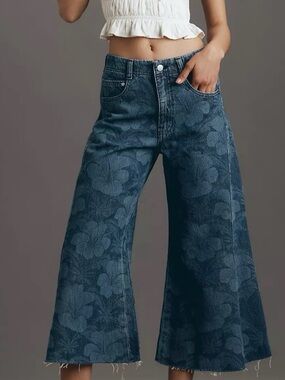 Pilcro Adi High-Rise Wide Leg Floral Print Jeans - Blue